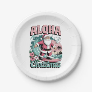 Aloha Christmas Hawaii Santa Surfing Tropical Paper Plates