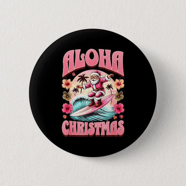 Aloha Christmas Santa Claus Surfing Hawaiian Mele  Button (Front)