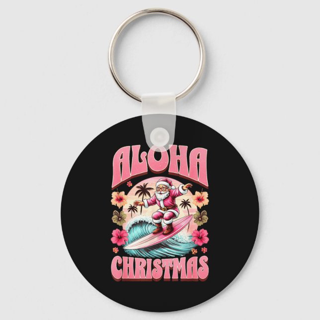 Aloha Christmas Santa Claus Surfing Hawaiian Mele  Keychain (Front)