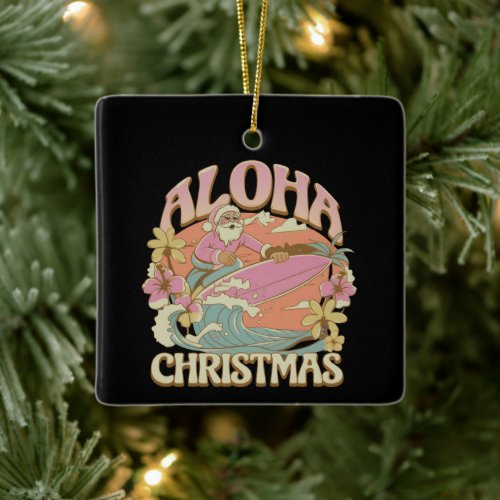 Aloha Christmas Surfing Santa Hawaiian Kalikimaka  Ceramic Ornament