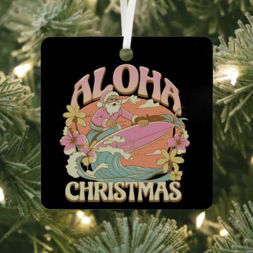 Aloha Christmas Surfing Santa Hawaiian Kalikimaka  Metal Ornament