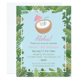 Aloha Coconut Tropical Leaves Birthday Party Card