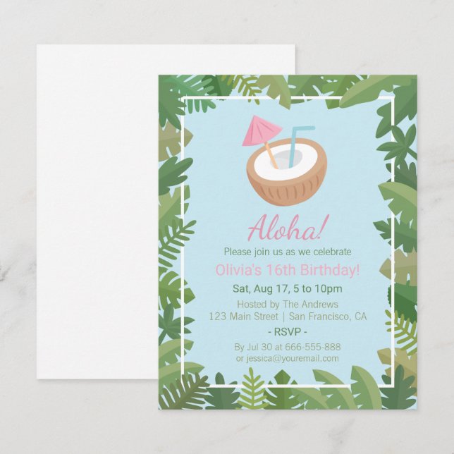 Aloha Coconut Tropical Leaves Birthday Party Invitation (Front/Back)
