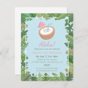 Aloha Coconut Tropical Leaves Birthday Party Invitation