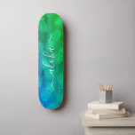 "Aloha" cool typography blue green pineapple ombre Skateboard<br><div class="desc">“Aloha”. Bring a bit of the Hawaiian islands to your city streets whenever you use this brightly colored, chic, striking, stylish, modern skateboard sporting crisp, white handwritten script typography over a distressed graphic, pineapple pattern in a vivid turquoise, blue and green ombre. Makes a fun and stylish statement every time...</div>