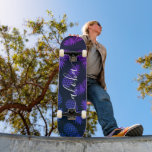 Aloha, cool typography purple blue pineapple ombre skateboard<br><div class="desc">“Aloha”. Bring a bit of the Hawaiian islands to your city streets whenever you use this brightly colored, chic, striking, stylish, modern skateboard sporting crisp, white handwritten script typography over a distressed graphic, purple blue ombre pineapple pattern over a black background. Makes a fun and stylish statement every time you...</div>