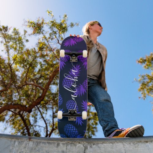 Aloha cool typography purple blue pineapple ombre skateboard
