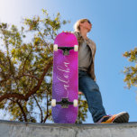 Aloha, cool typography purple pink pineapple ombre skateboard<br><div class="desc">“Aloha”. Bring a bit of the Hawaiian islands to your city streets whenever you use this brightly colored, chic, striking, stylish, modern skateboard sporting crisp, white handwritten script typography over a graphic, pineapple pattern in a vivid purple and hot pink ombre. Makes a fun and stylish statement every time you...</div>