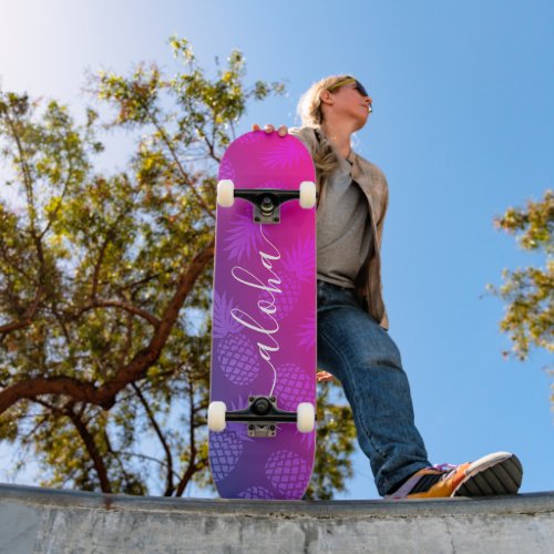 Aloha cool typography purple pink pineapple ombre skateboard