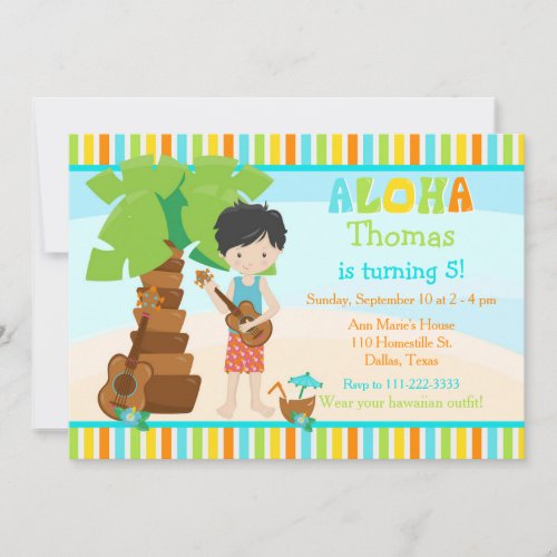 Aloha Cute Black Hair Boy Birthday Party Invitation