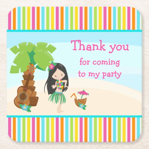 Aloha Cute Black Hair Girl Thank you for coming Square Paper Coaster
