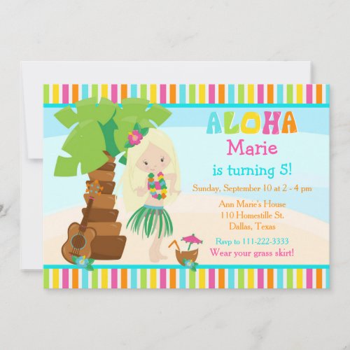 Aloha Cute Blonde Girl Birthday Party Invitation
