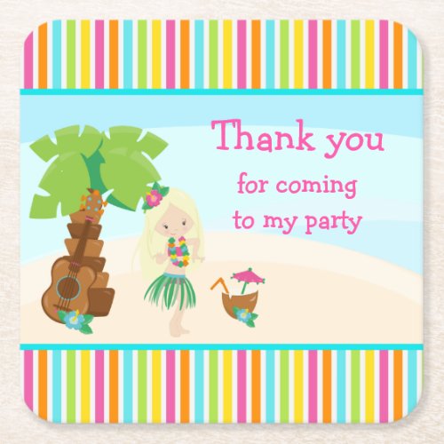 Aloha Cute Blonde Hair Girl Thank you for coming Square Paper Coaster