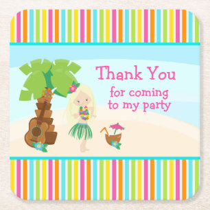 Aloha Cute Blonde Hair Girl 'Thank you for coming' Square Paper Coaster