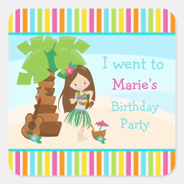 Aloha Cute Brown Hair Girl Party Square Sticker (Front)