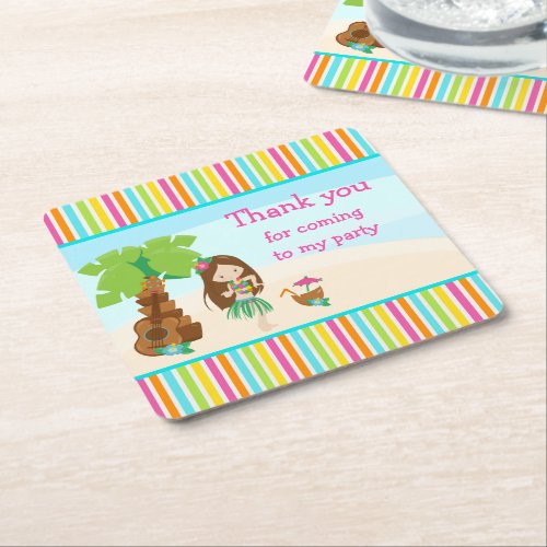 Aloha Cute Brown Hair Girl Thank you for coming Square Paper Coaster