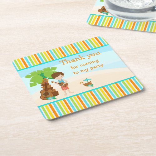 Aloha Cute Brown Hair Thank you for coming Square Paper Coaster