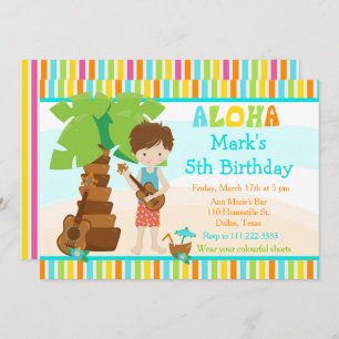 Aloha Cute Brunette Boy Birthday Party Invitation