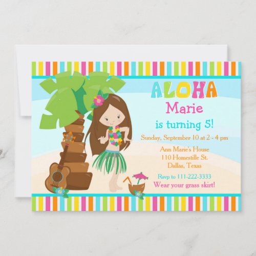 Aloha Cute Brunette Girl Birthday Party Invitation