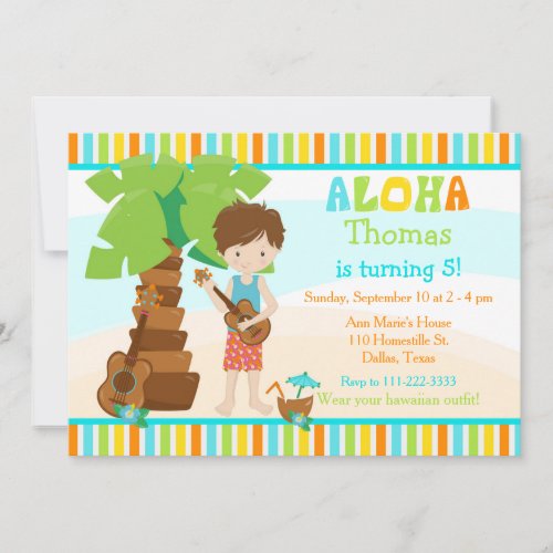 Aloha Cute Brunette Hair Boy Birthday Party Invitation