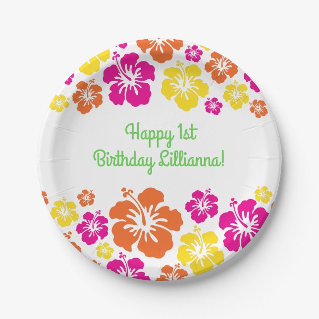 Aloha Cute Hawaiian 1st Birthday Party Theme Paper Plates (Front)