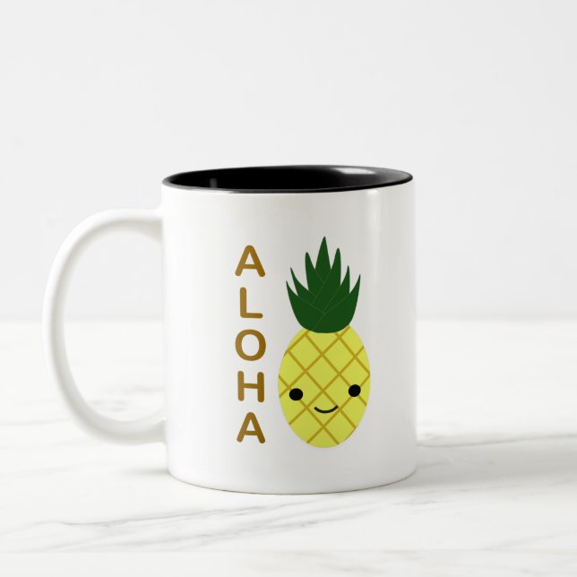 Aloha Cute Kawaii Pineapple Two-Tone Coffee Mug (Left)