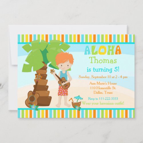 Aloha Cute Red Hair Boy Birthday Party Invitation