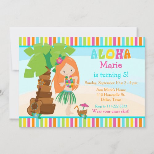 Aloha Cute Red Hair Girl Birthday Party Invitation