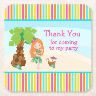 Aloha Cute Red Hair Girl 'Thank you for coming' Square Paper Coaster
