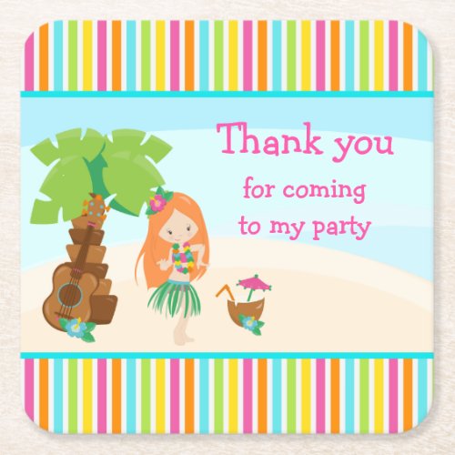 Aloha Cute Red Hair Girl Thank you for coming Square Paper Coaster