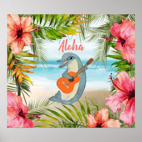 Aloha Dolphin Guitar  Tropical Paradise Beach Art Poster