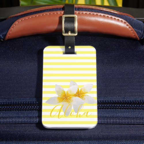Aloha  Elegant Tropical Flower  Yellow Stripes Luggage Tag
