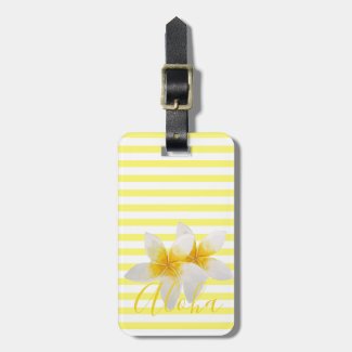 Aloha | Elegant Tropical Flower & Yellow Stripes Luggage Tag