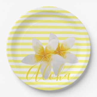 Aloha | Elegant Tropical Flower & Yellow Stripes Paper Plates