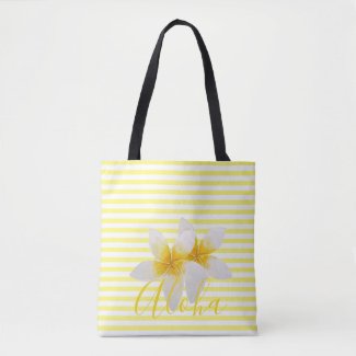 Aloha | Elegant Tropical Flower & Yellow Stripes Tote Bag