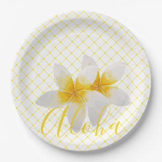 Aloha | Elegant Tropical Flower & Yellow Trellis Paper Plates