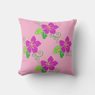 Aloha Embroidered Look Pink Hawaiian Flower Throw Pillow