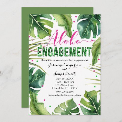 ALOHA ENGAGEMENT Tropical Leaves Pink  Green Invitation