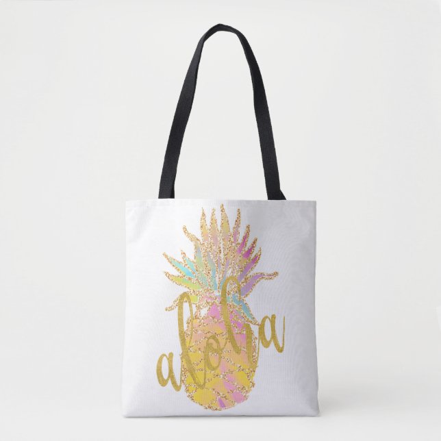 Aloha fancy faux gold glitter pastel pineapple tote bag (Front)