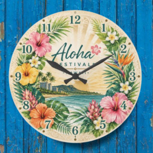 Aloha Festivals Hawaii Tropical Beach Floral Large Clock