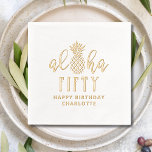 Aloha Fifty 50th Birthday Floral Personalized Name Foil Napkins<br><div class="desc">Aloha Fifty 50th Birthday Floral Personalized Name Real Foil Stamped Paper Napkins features the text "Aloha Fifty" accented with atropical pineapple with "Happy Birthday" and your personalized name below in modern calligraphy script typography. Perfect for fiftieth birthday parties. Created by Evco Studio www.zazzle.com/store/evcostudio</div>