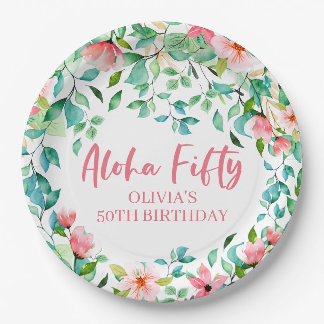 Aloha Fifty Tropical Luau 50th Birthday Paper Plates (Front)