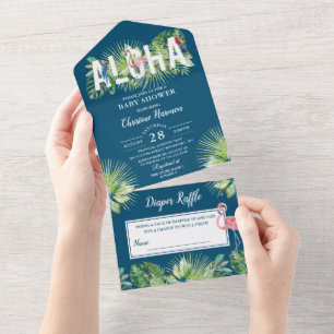Aloha Flamingo Baby Shower Diaper Raffle Blue All In One Invitation