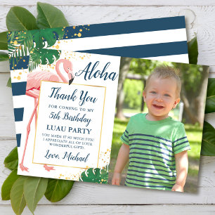 Aloha Flamingo Blue Gold Tropical Birthday Photo Thank You Card