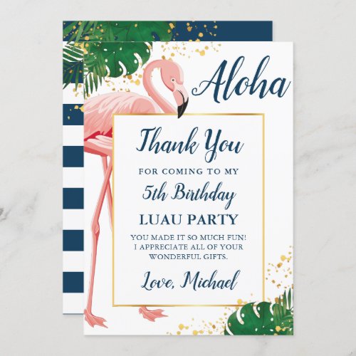 Aloha Flamingo Blue Gold Tropical Birthday Thank You Card