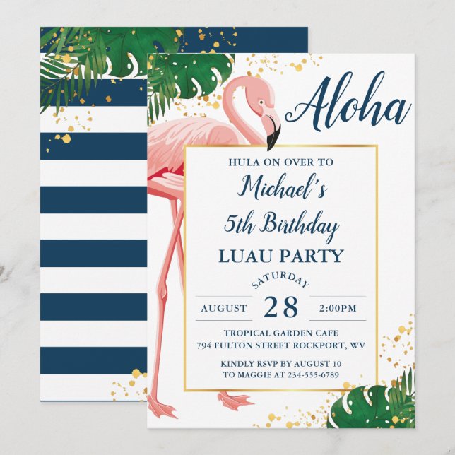 Aloha Flamingo Blue Gold Tropical Luau Birthday Invitation (Front/Back)