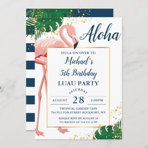 Aloha Flamingo Blue Gold Tropical Luau Birthday Invitation