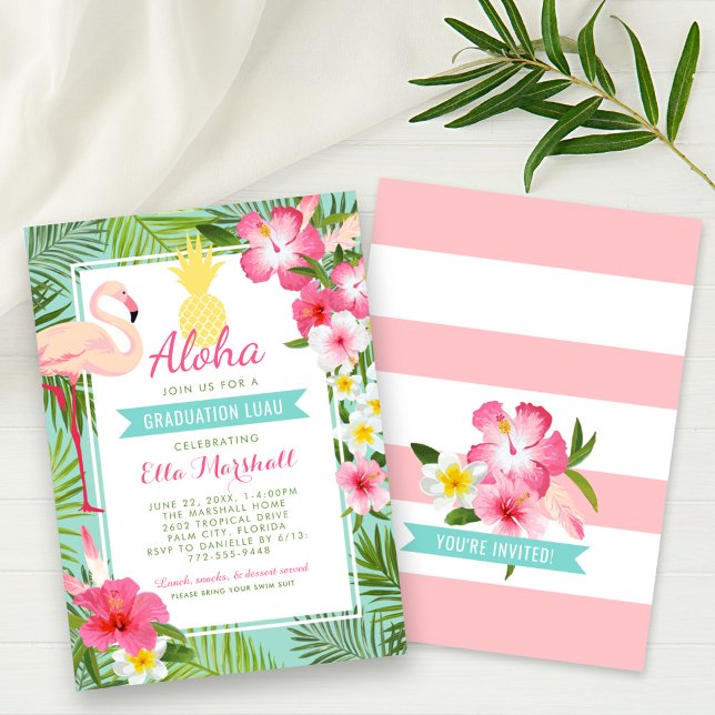 Aloha Flamingo Grad Luau Tropical Hibiscus Invitation (Creator Uploaded)