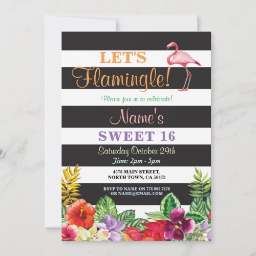 Aloha Flamingo Sweet 16 Birthday Party Invite 16th