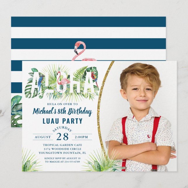 Aloha Flamingo Tropical Beach Birthday Photo Invitation (Front/Back)